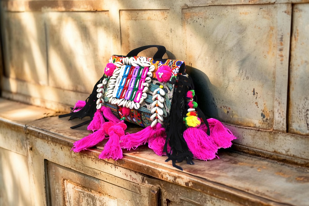 Handcrafted Banjara Boho Embroidered Shell &amp; Tassel Sling Bag
