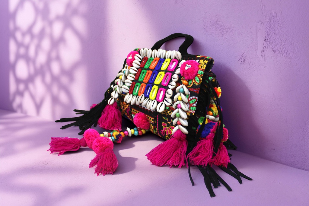 Handcrafted Banjara Boho Embroidered Shell &amp; Tassel Sling Bag