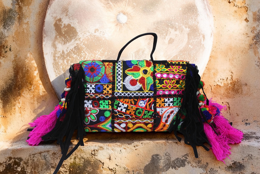 Handcrafted Banjara Boho Embroidered Shell &amp; Tassel Sling Bag