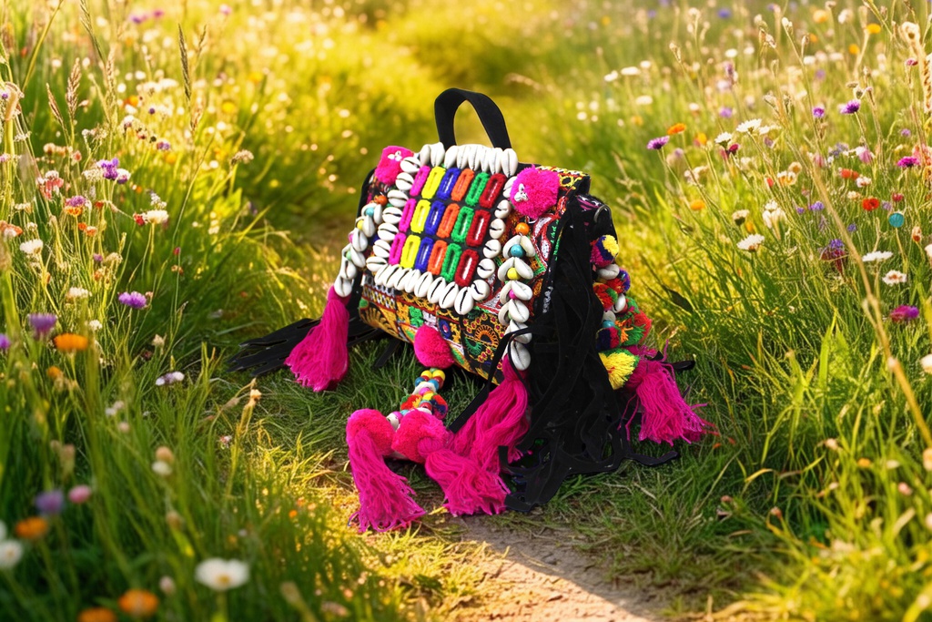 Handcrafted Banjara Boho Embroidered Shell &amp; Tassel Sling Bag
