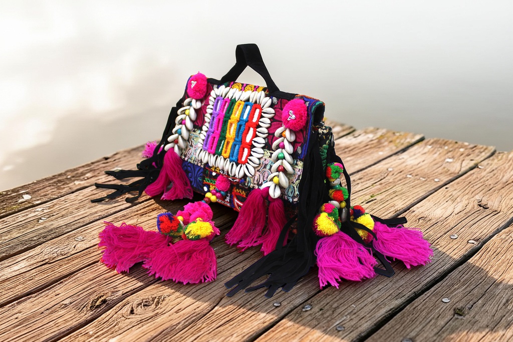 Handcrafted Banjara Boho Embroidered Shell &amp; Tassel Sling Bag