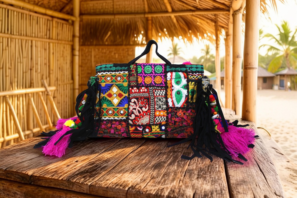 Handcrafted Banjara Boho Embroidered Shell &amp; Tassel Sling Bag