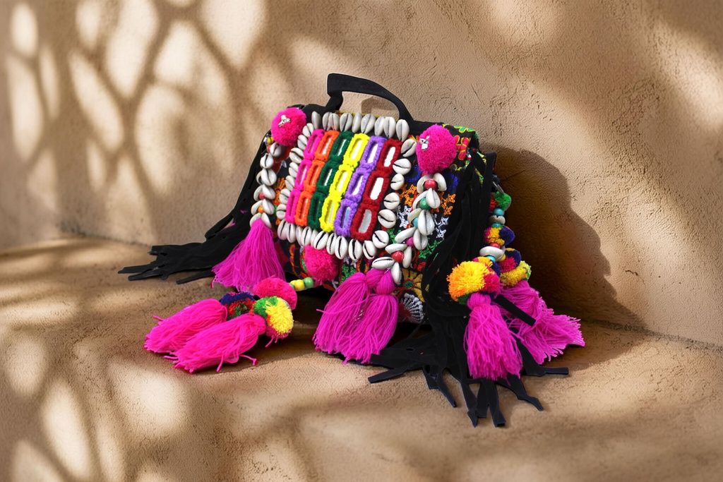 Handcrafted Banjara Boho Embroidered Shell &amp; Tassel Sling Bag