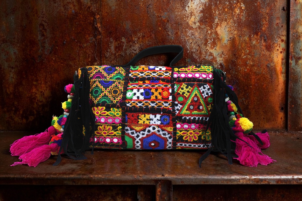 Handcrafted Banjara Boho Embroidered Shell &amp; Tassel Sling Bag