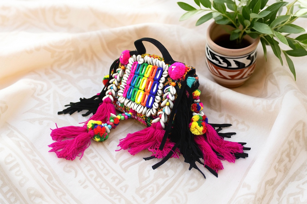 Handcrafted Banjara Boho Embroidered Shell &amp; Tassel Sling Bag
