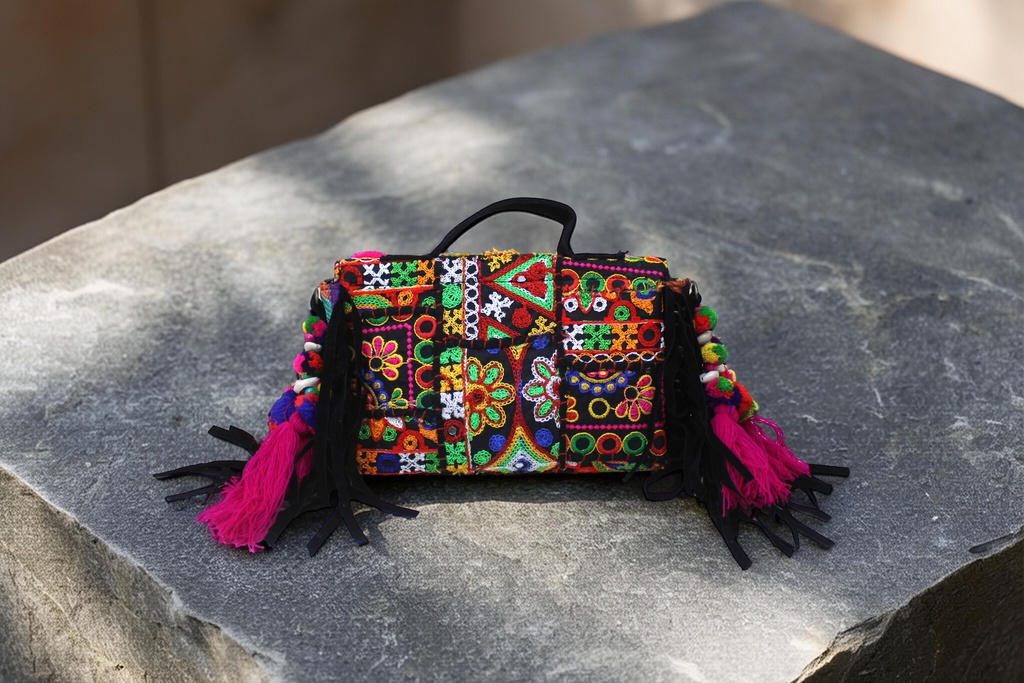 Handcrafted Banjara Boho Embroidered Shell &amp; Tassel Sling Bag