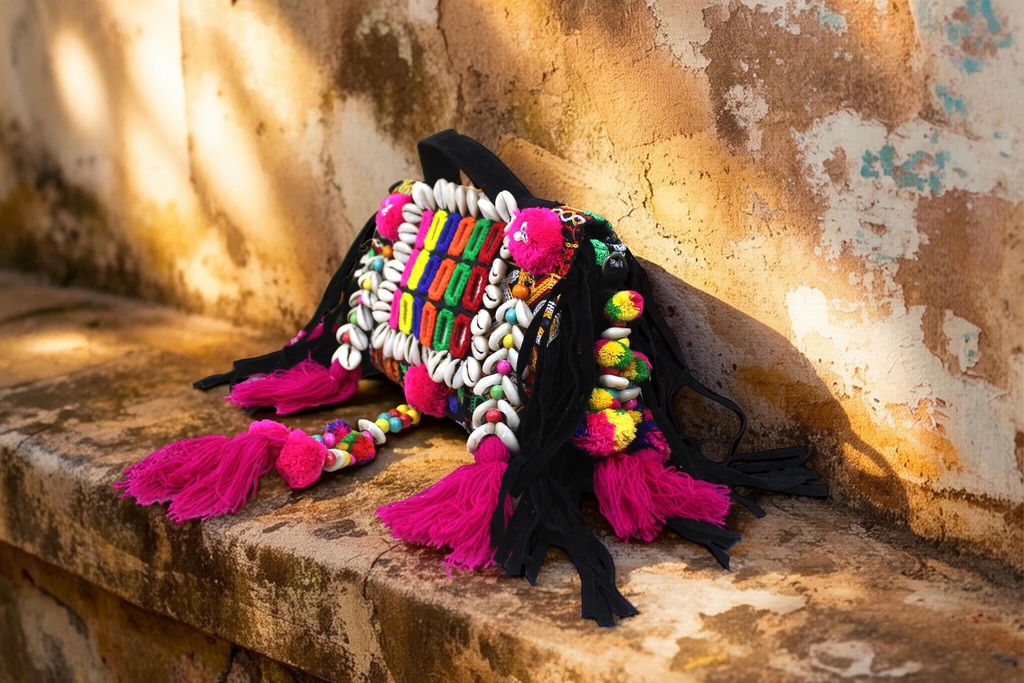 Handcrafted Banjara Boho Embroidered Shell &amp; Tassel Sling Bag