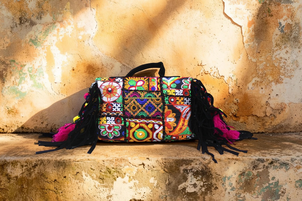 Handcrafted Banjara Boho Embroidered Shell &amp; Tassel Sling Bag