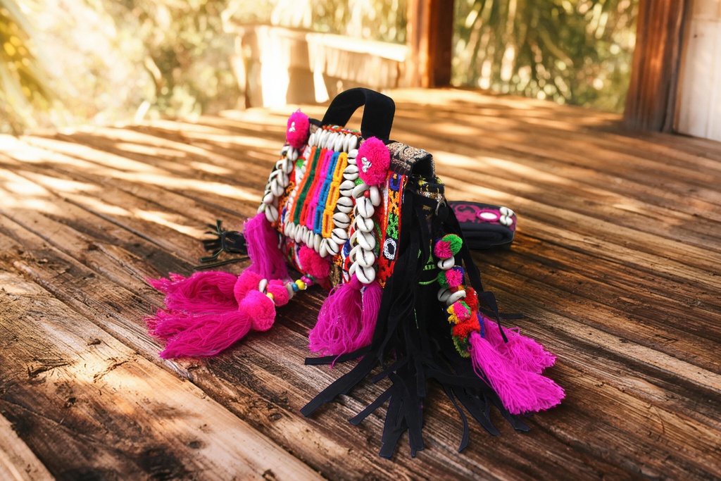 Handcrafted Banjara Boho Embroidered Shell &amp; Tassel Sling Bag