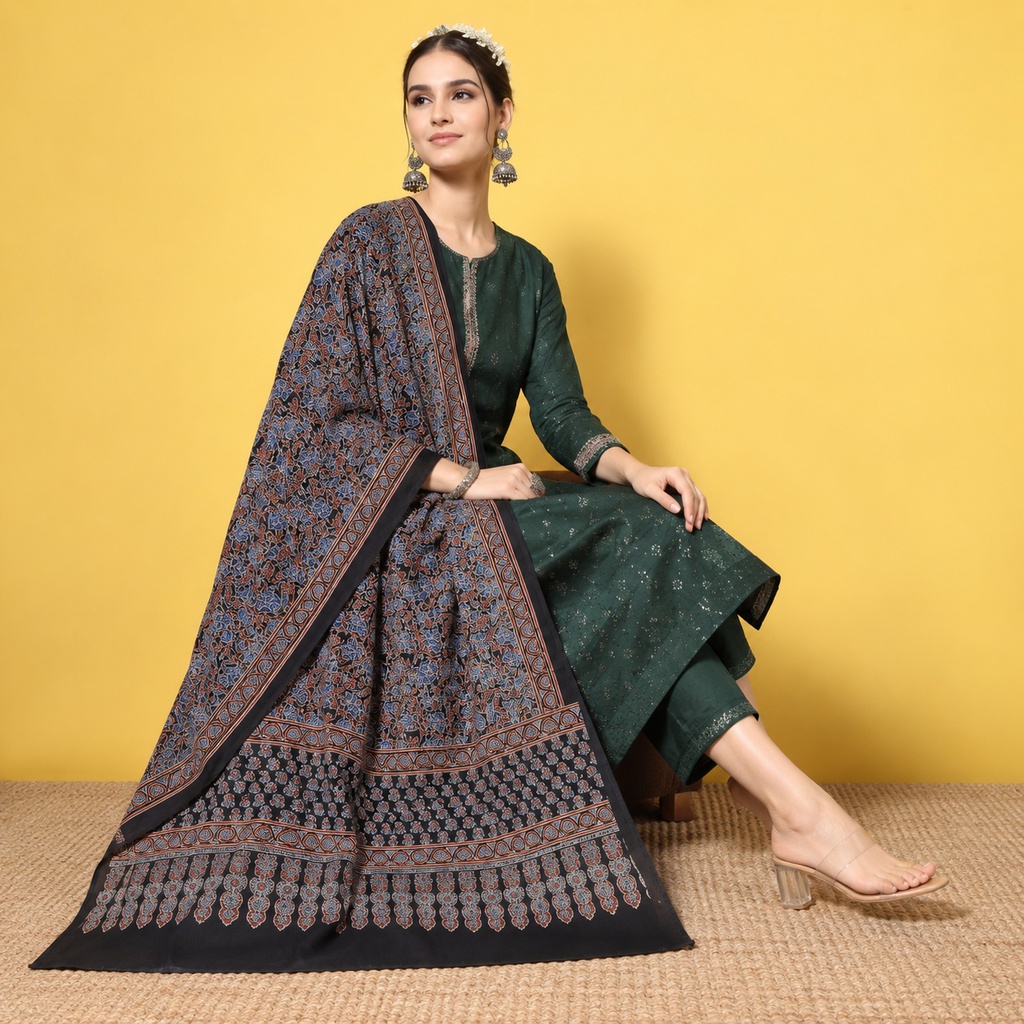Ajrakh Hand Block Print Modal Silk Dupatta