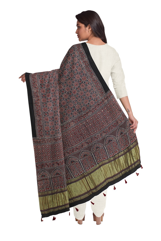 Ajrakh Hand Block Print Mashru Silk Dupatta