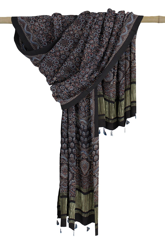 Ajrakh Hand Block Print Mashru Silk Dupatta