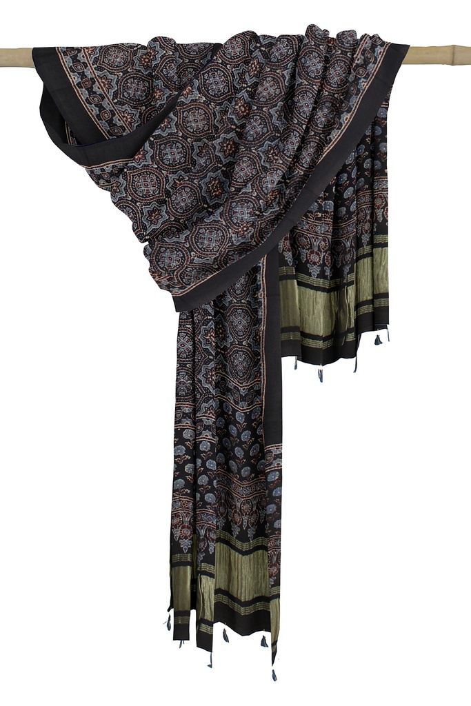 Ajrakh Hand Block Print Mashru Silk Dupatta