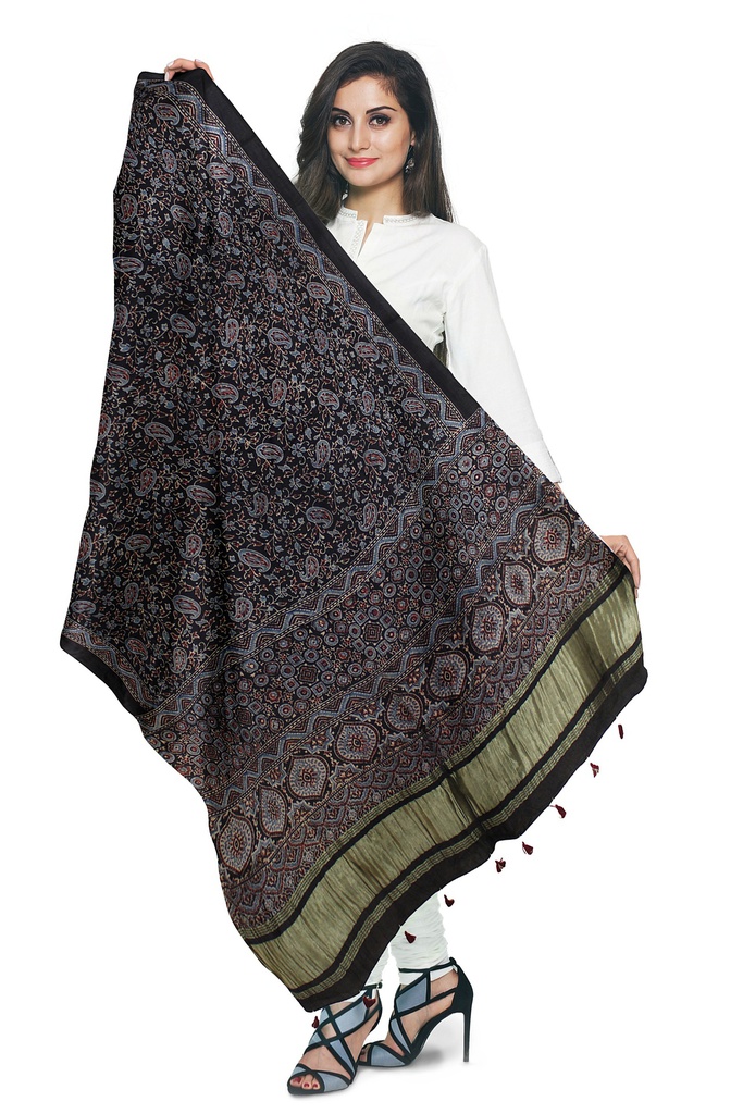 Ajrakh Hand Block Print Mashru Silk Dupatta