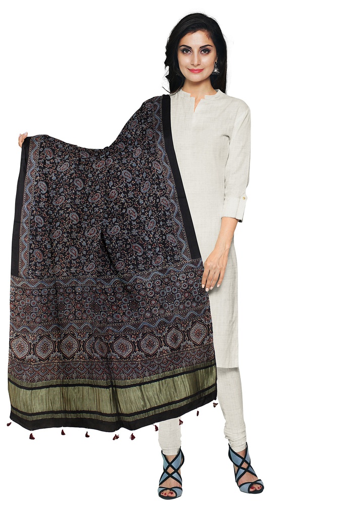 Ajrakh Hand Block Print Mashru Silk Dupatta