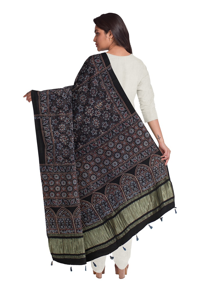 Ajrakh Hand Block Print Mashru Silk Dupatta