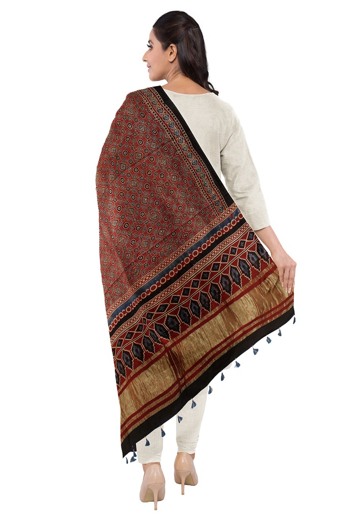 Ajrakh Hand Block Print Mashru Silk Dupatta
