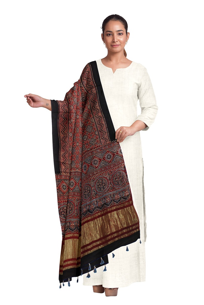 Ajrakh Hand Block Print Mashru Silk Dupatta