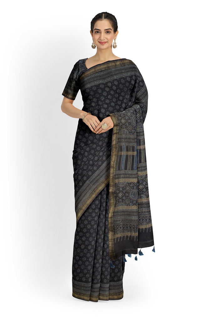 Ajrakh Hand Block Print Chanderi Silk Saree