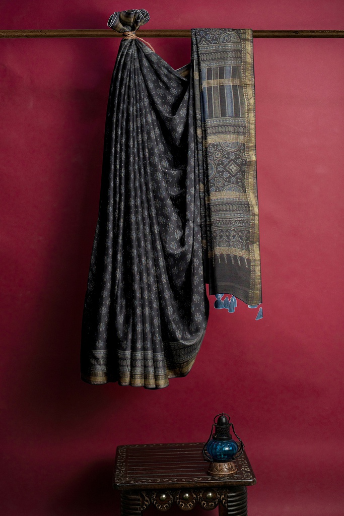 Ajrakh Hand Block Print Chanderi Silk Saree