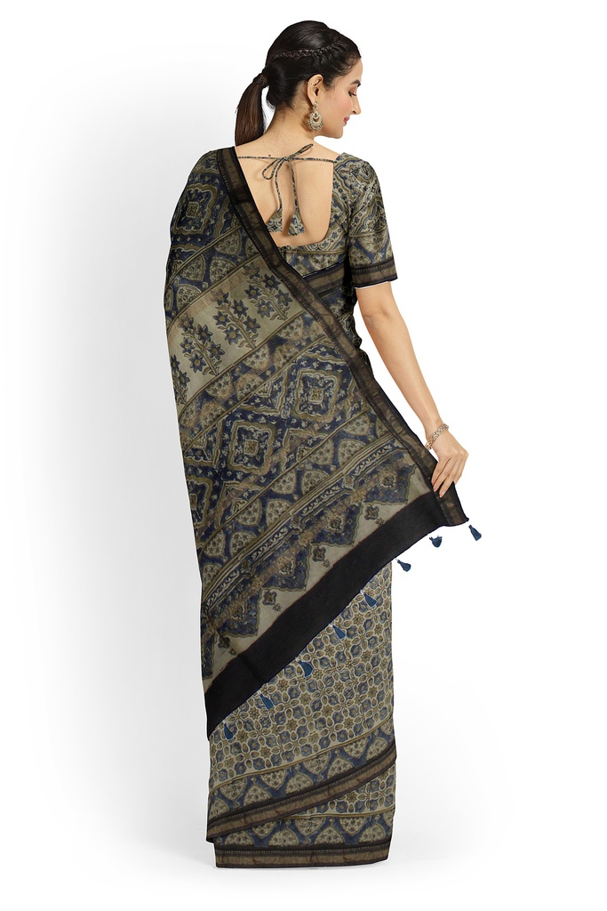 Ajrakh Hand Block Print Chanderi Silk Saree