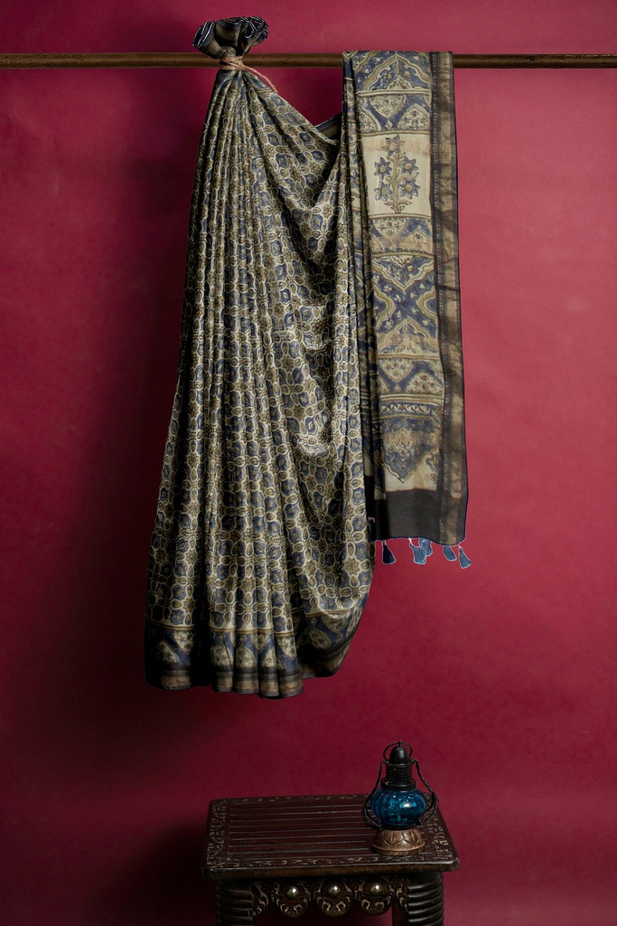 Ajrakh Hand Block Print Chanderi Silk Saree
