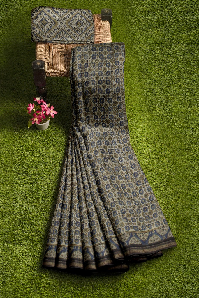 Ajrakh Hand Block Print Chanderi Silk Saree