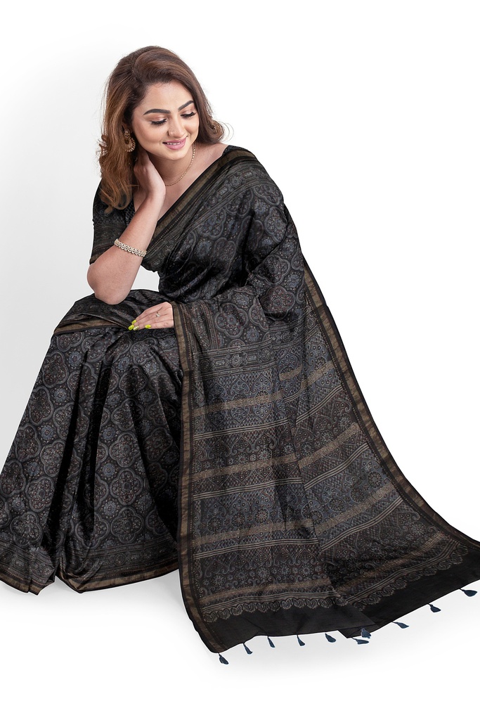 Ajrakh Hand Block Print Chanderi Silk Saree
