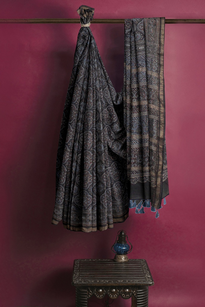 Ajrakh Hand Block Print Chanderi Silk Saree