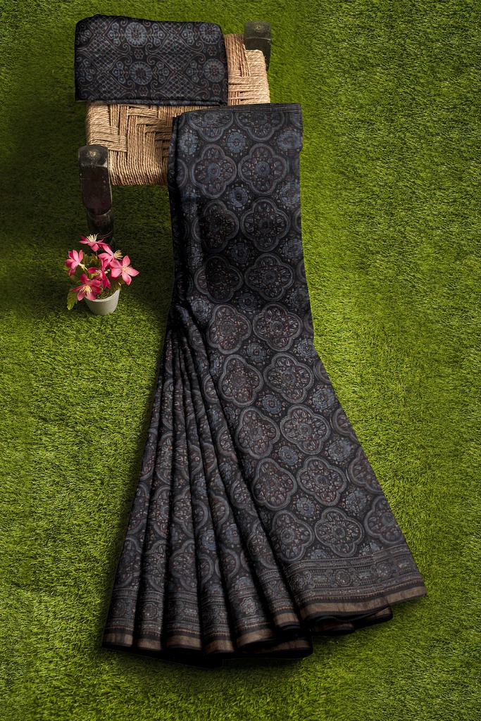 Ajrakh Hand Block Print Chanderi Silk Saree