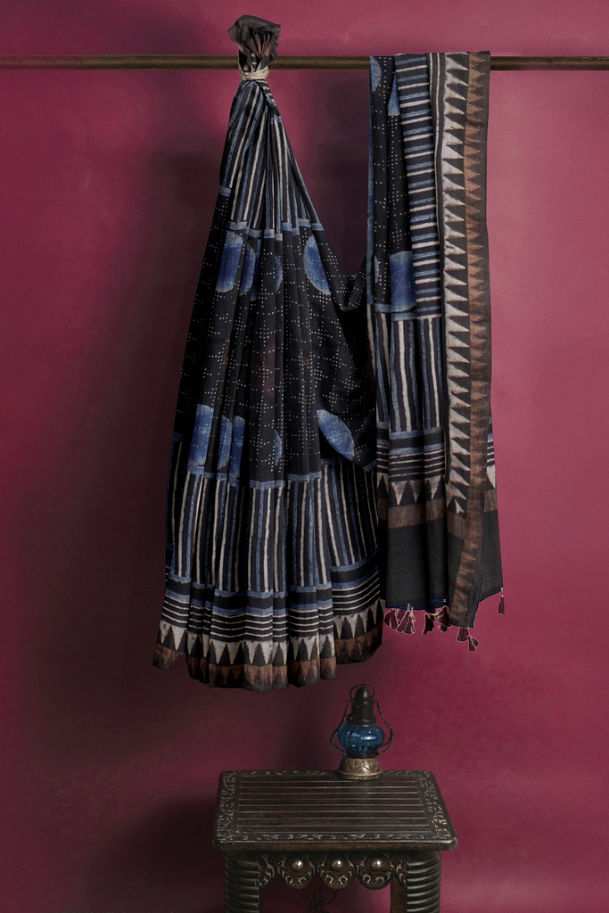Ajrakh Hand Block Print Chanderi Silk Saree