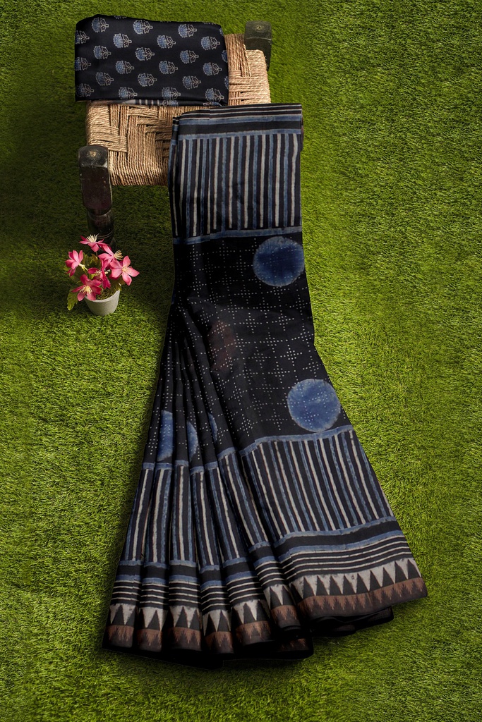 Ajrakh Hand Block Print Chanderi Silk Saree