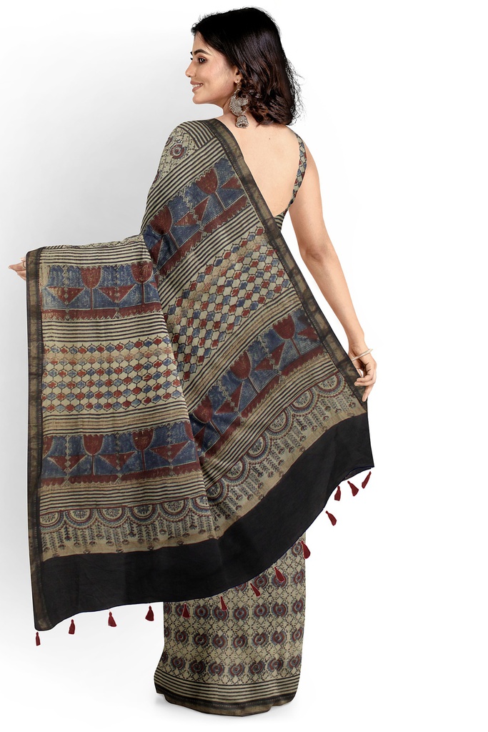 Ajrakh Hand Block Print Chanderi Silk Saree