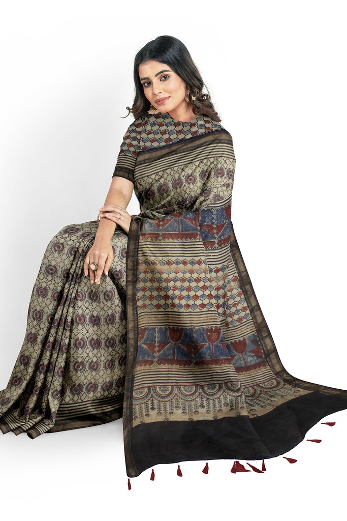 Ajrakh Hand Block Print Chanderi Silk Saree