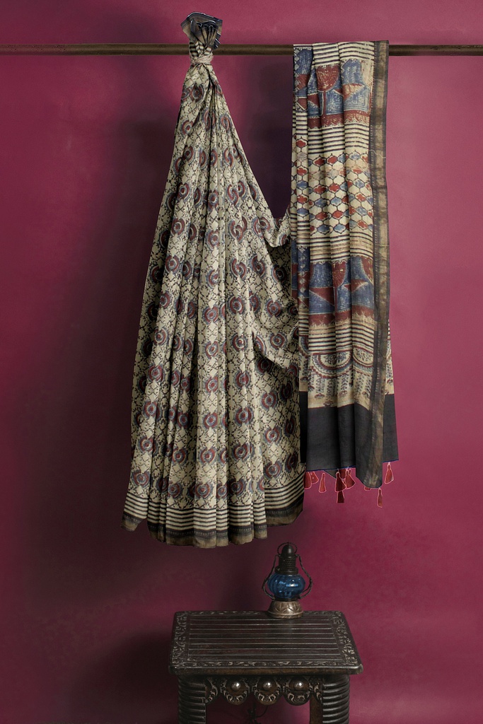 Ajrakh Hand Block Print Chanderi Silk Saree