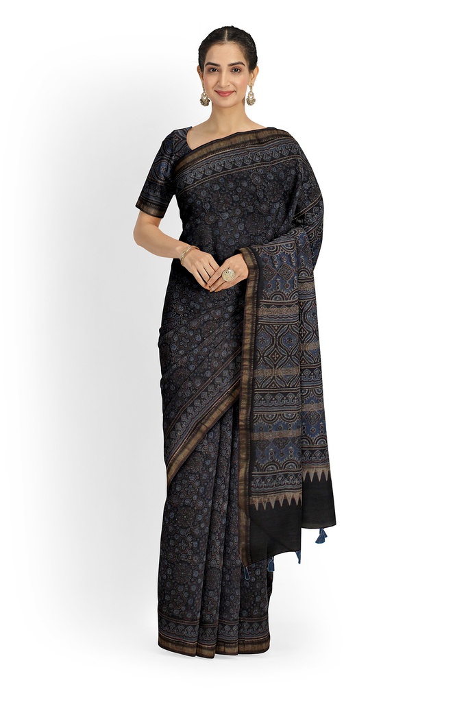 Ajrakh Hand Block Print Chanderi Silk Saree
