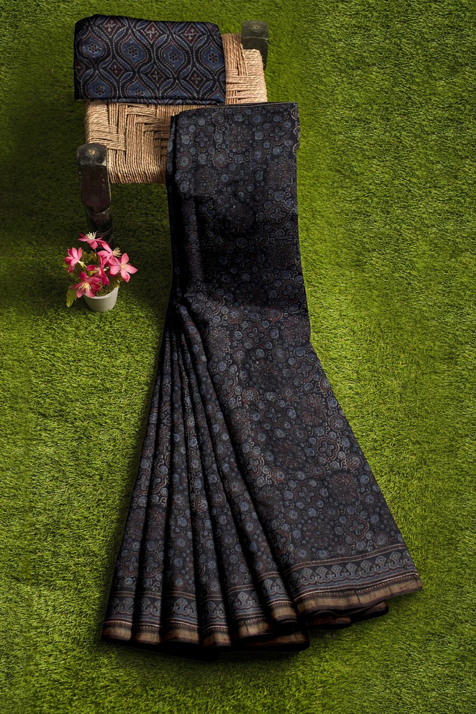 Ajrakh Hand Block Print Chanderi Silk Saree