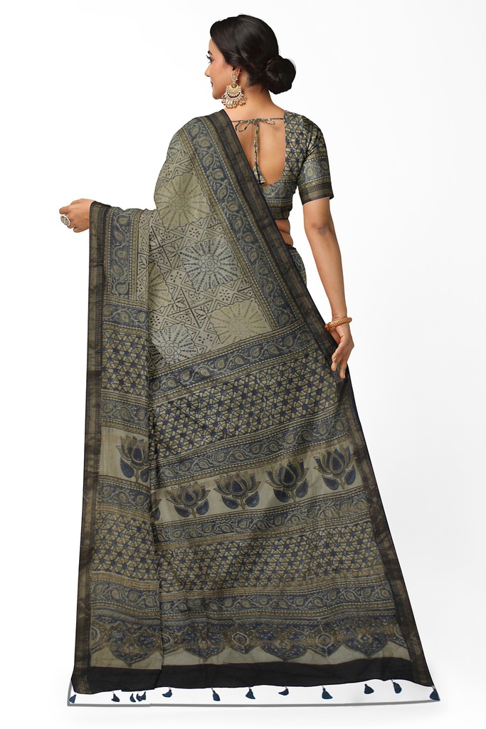 Ajrakh Hand Block Print Chanderi Silk Saree
