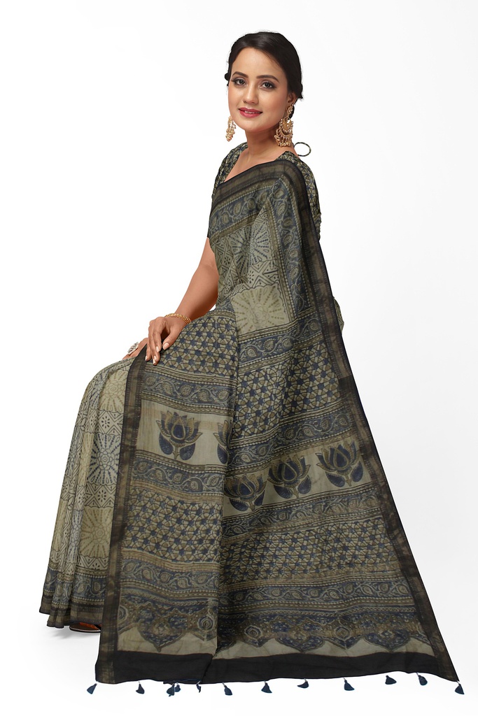Ajrakh Hand Block Print Chanderi Silk Saree