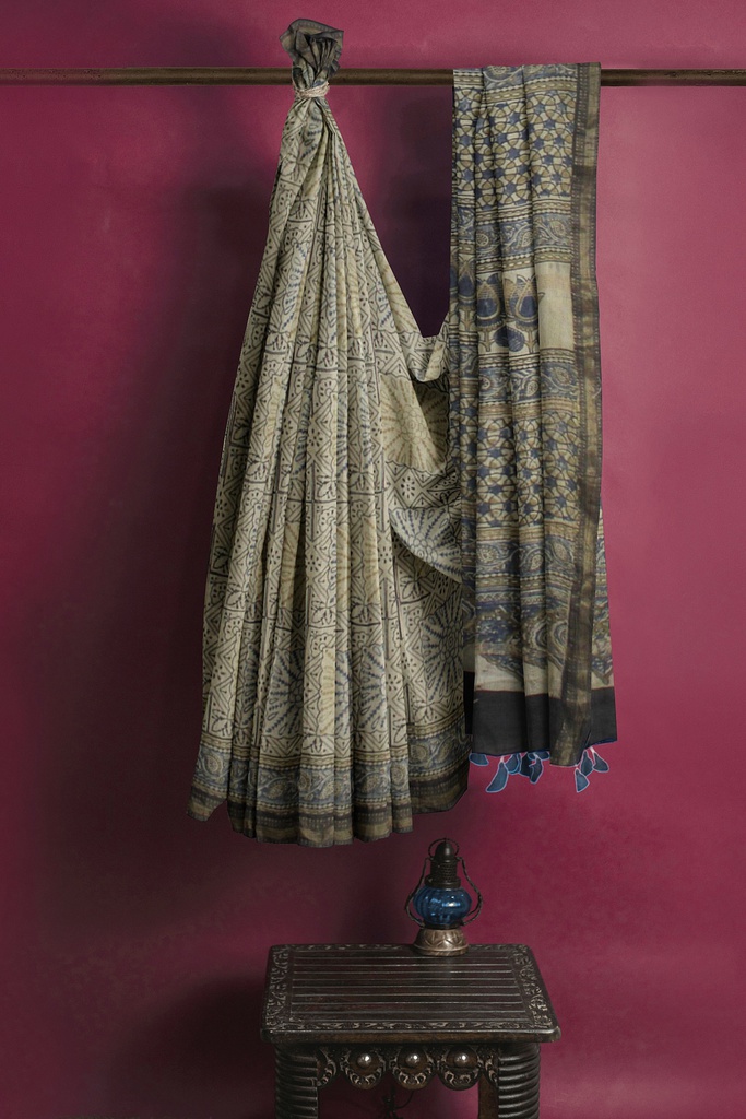Ajrakh Hand Block Print Chanderi Silk Saree