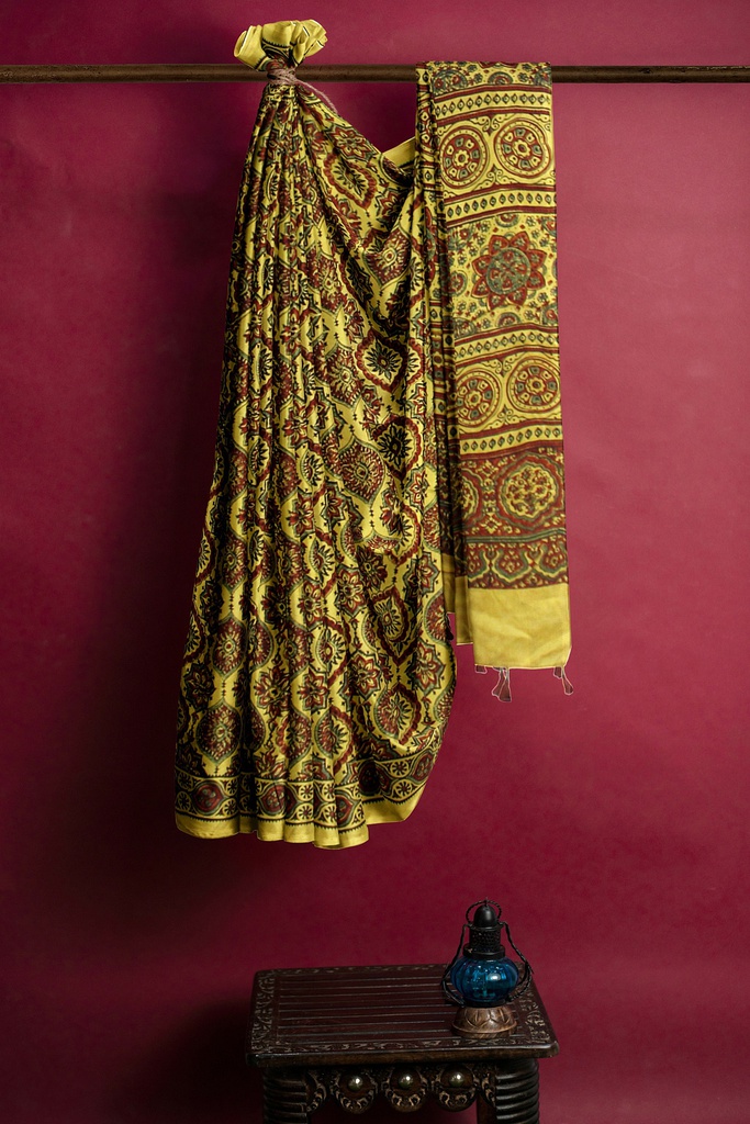 Modal Silk Ajrakh Hand Block Print Saree