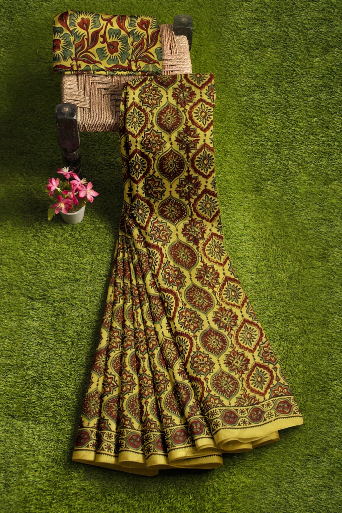 Modal Silk Ajrakh Hand Block Print Saree
