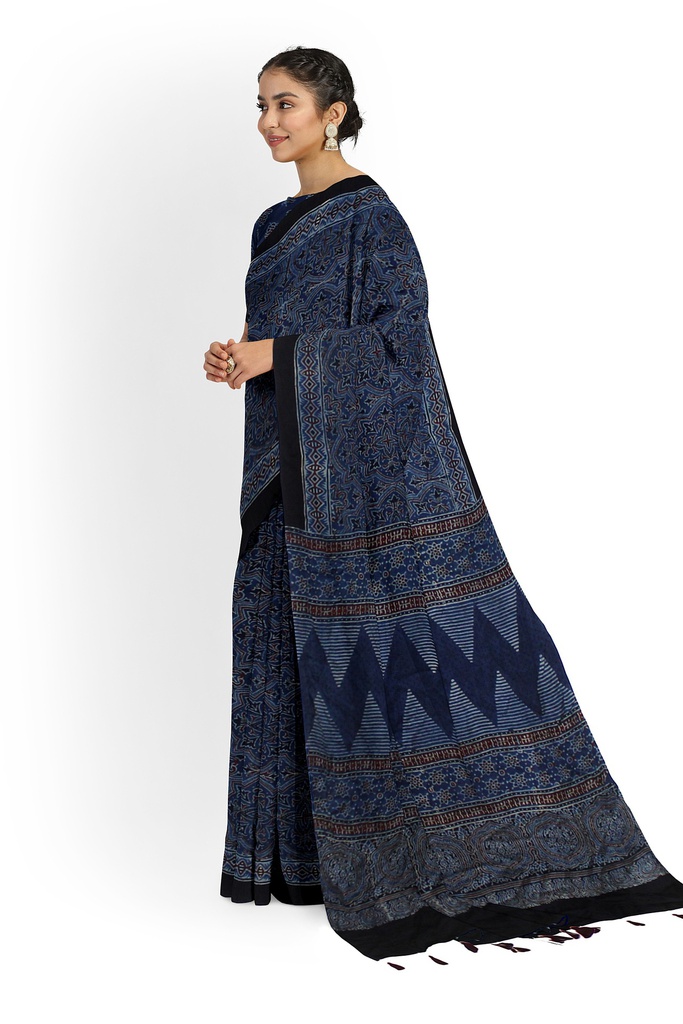 Modal Silk Ajrakh Hand Block Print Saree