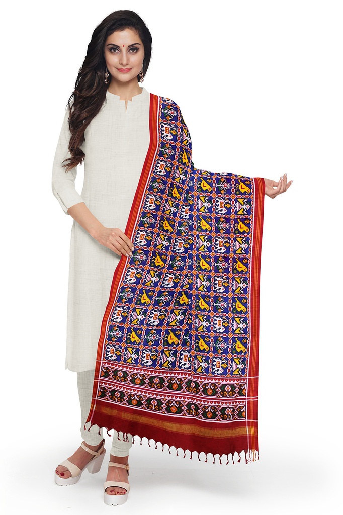 Handwoven Blue and Red Double Ikat Patola Dupatta