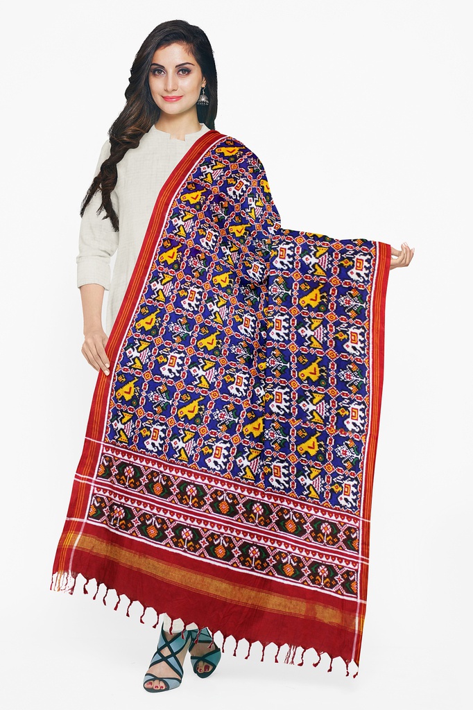 Handwoven Blue and Red Double Ikat Patola Dupatta