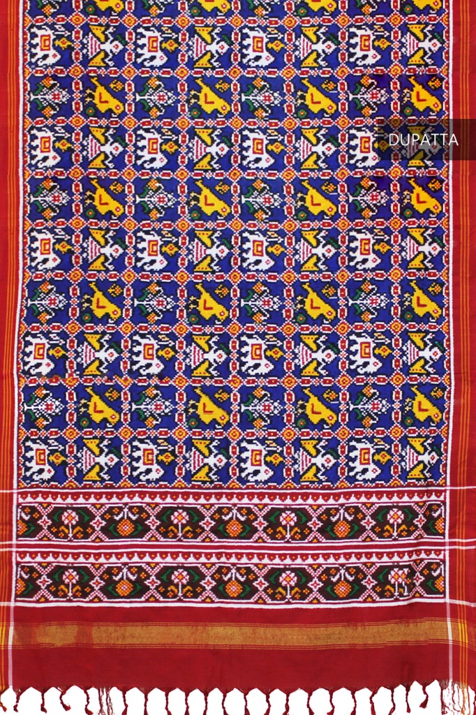 Handwoven Blue and Red Double Ikat Patola Dupatta