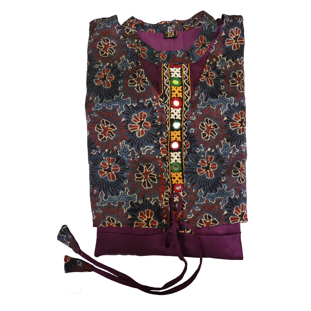 Purple Mashru Long Kurta with Block Printed Koti [Size : XXL]