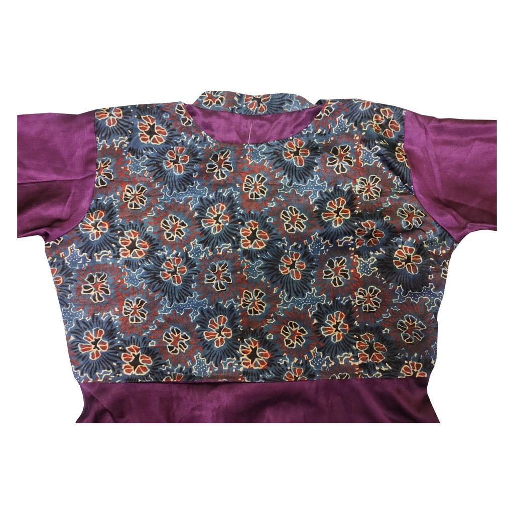 Purple Mashru Long Kurta with Block Printed Koti [Size : XXL]