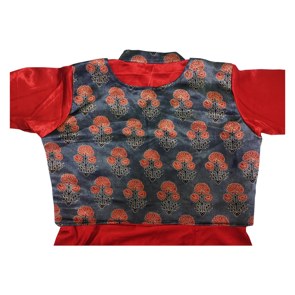 Red Mashru Long Kurta with Block Printed Koti [Size : M]
