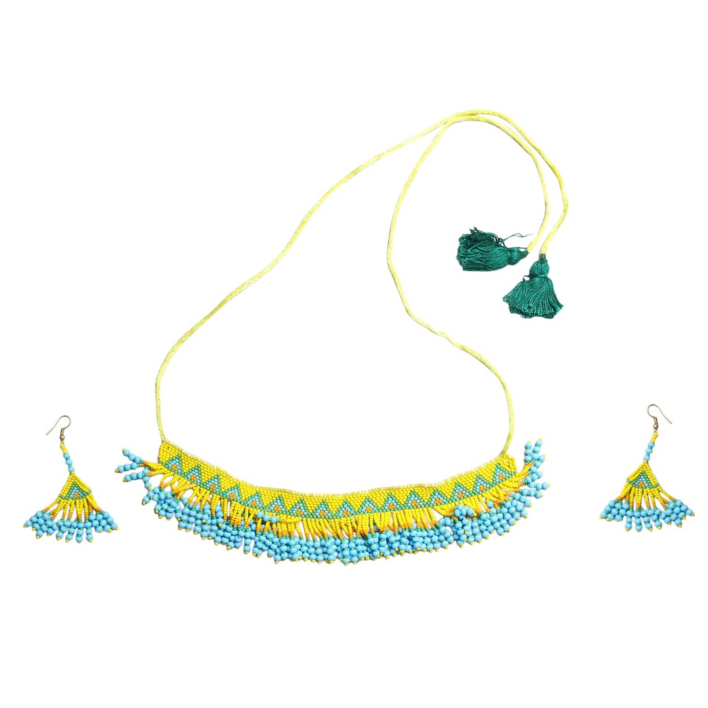 Handmade Yellow Beaded Choker Necklace Set